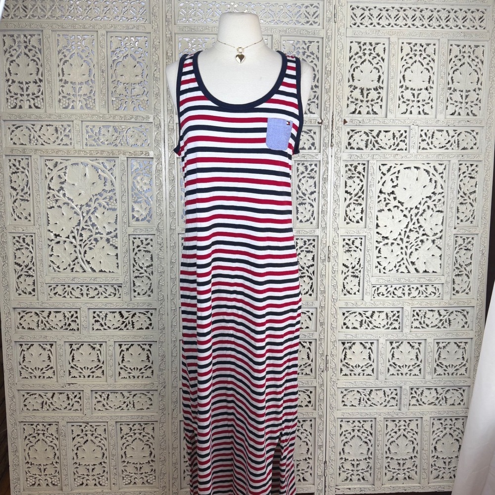 Tommy Hilfiger Blue & Red Striped‎ Sleeveless Maxi Dress Sz M Preppy Nautical